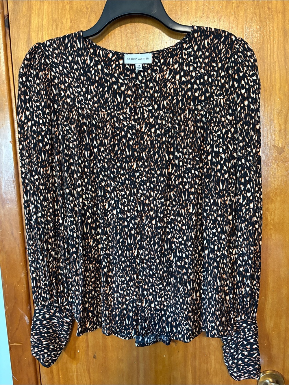 Gibson Latimer Black Top with Tan and Orange Abstract Spot Print
